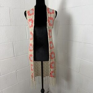 Crochet Long Open Knit‎ Vest Layers Fringe Hippie Flowers Festival BoHo Indie XS